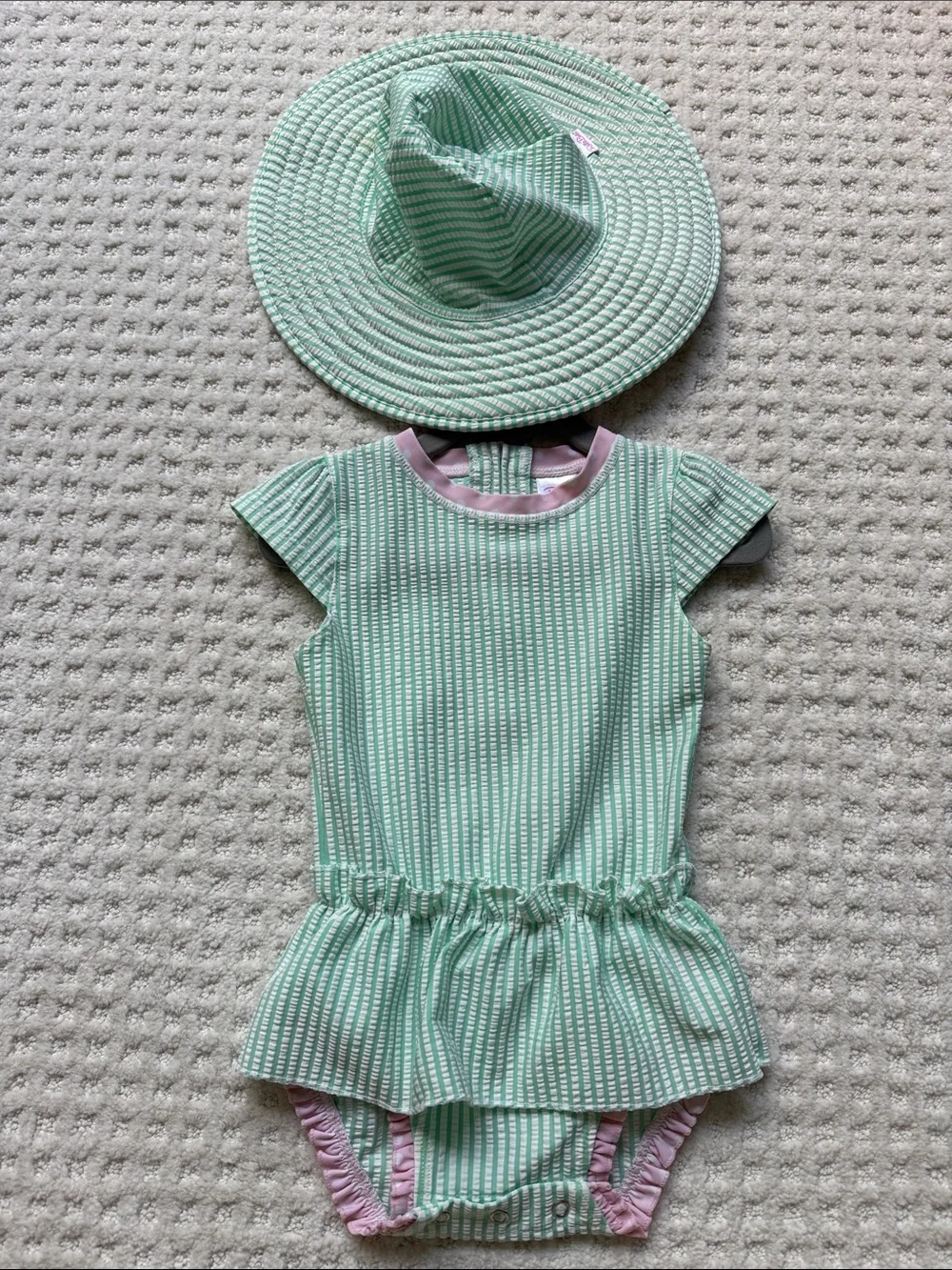 Mint Green Striped Baby Sunsuit with Hat